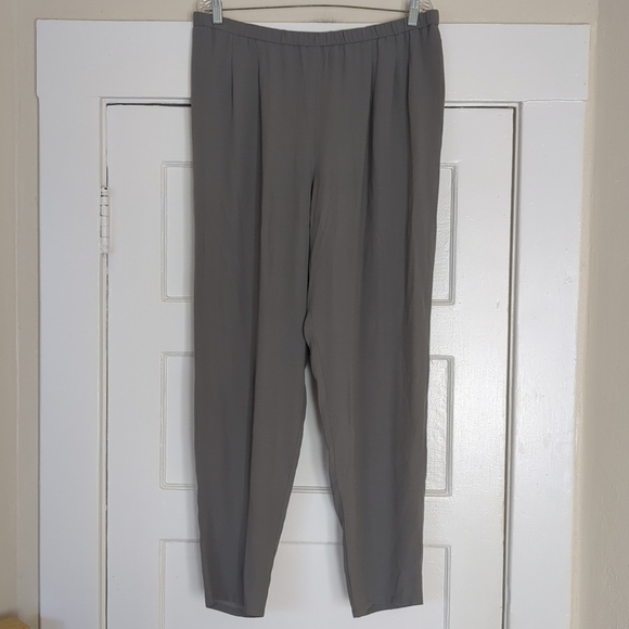 Eileen Fisher Georgette 100% Silk Pants Slouchy Gray Smoke Pull On Large 34X30 - Picture 1 of 12